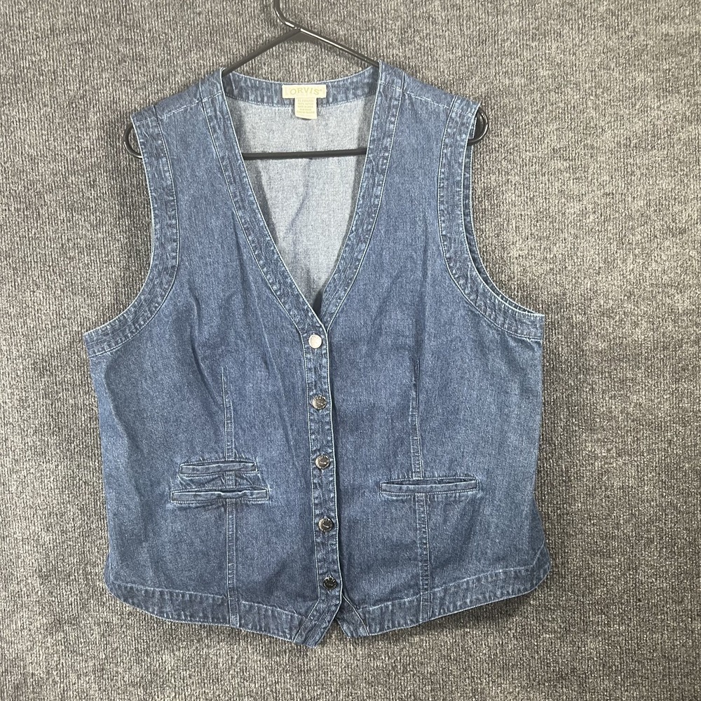 Orvis Women's XL Blue Denim Vest Button Front Utility Casual Layering Chaleco